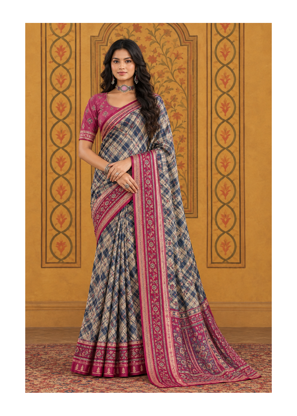 Elegantly Printed Plaid Saree with Patterned Zari & Contrast Border