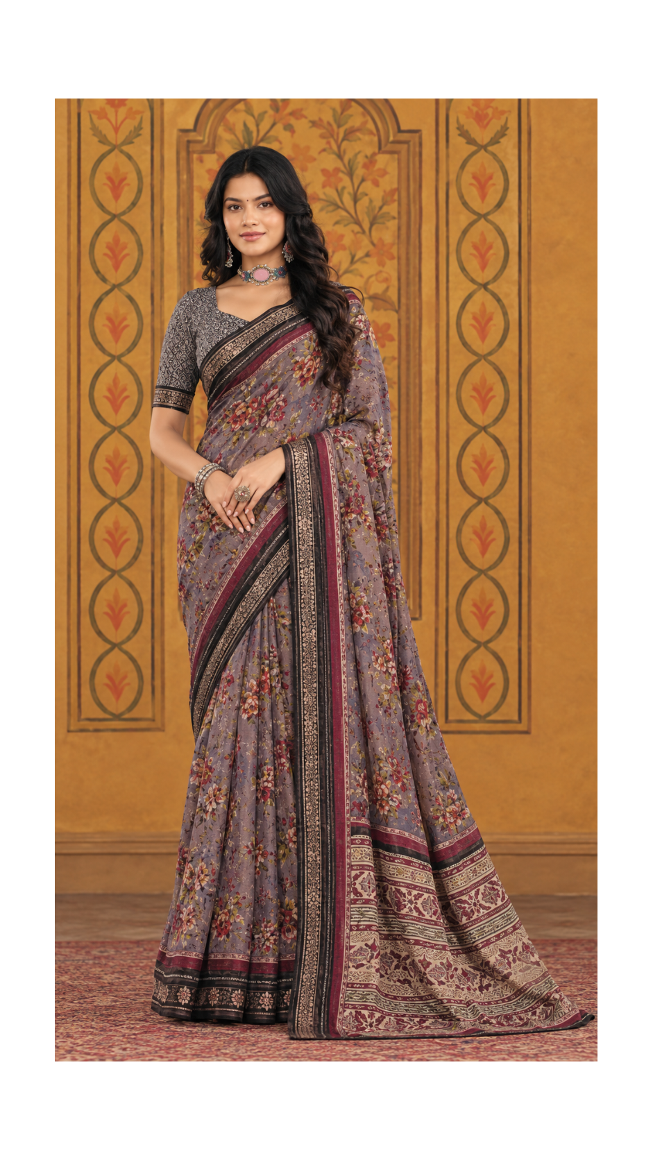 Mauve Floral Printed Organza Saree with Striped Zari Border &amp; Patterned Pallu