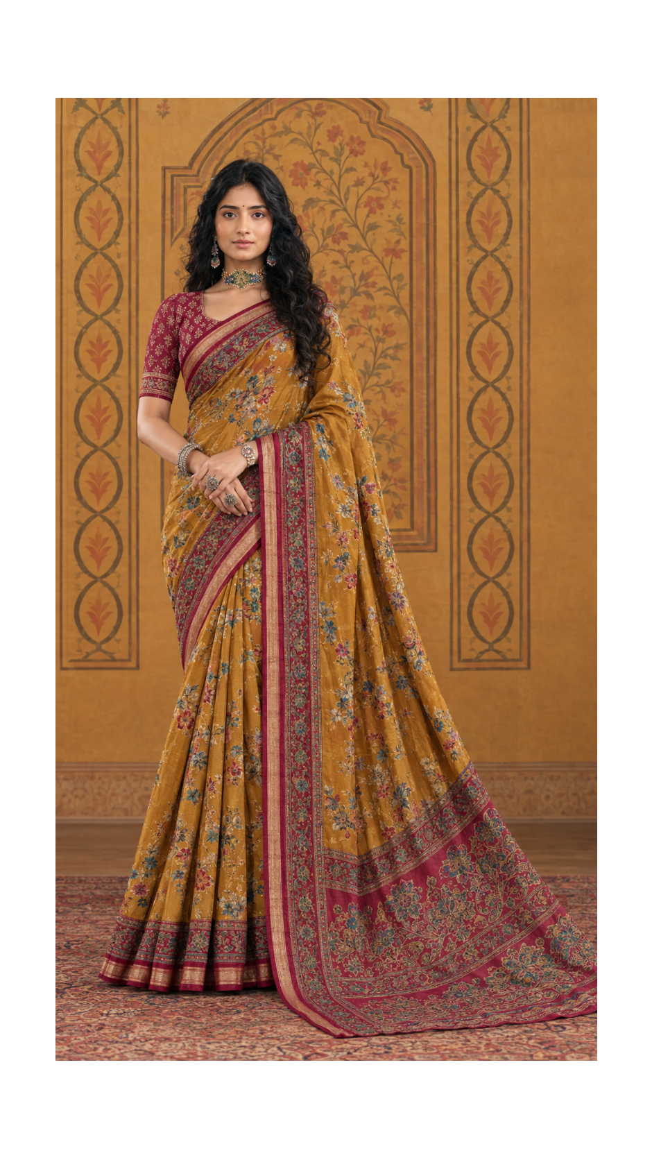 Mustard Yellow Floral Printed Saree with Maroon Patterned Border & Festive Pallu