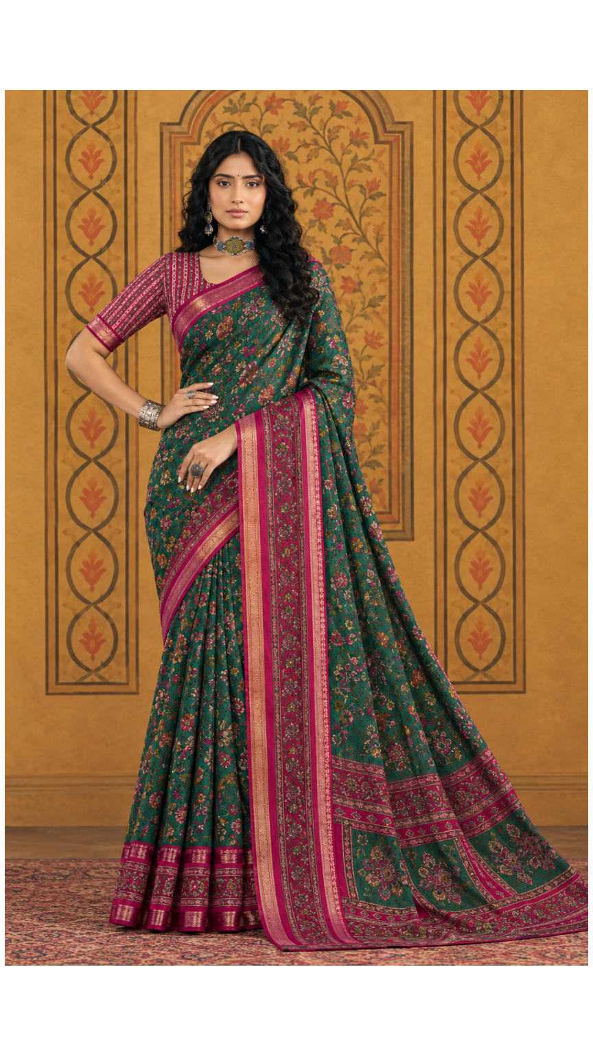 Peacock Green Floral Printed Saree with Contrast Pink Zari Border & Traditional Pallu