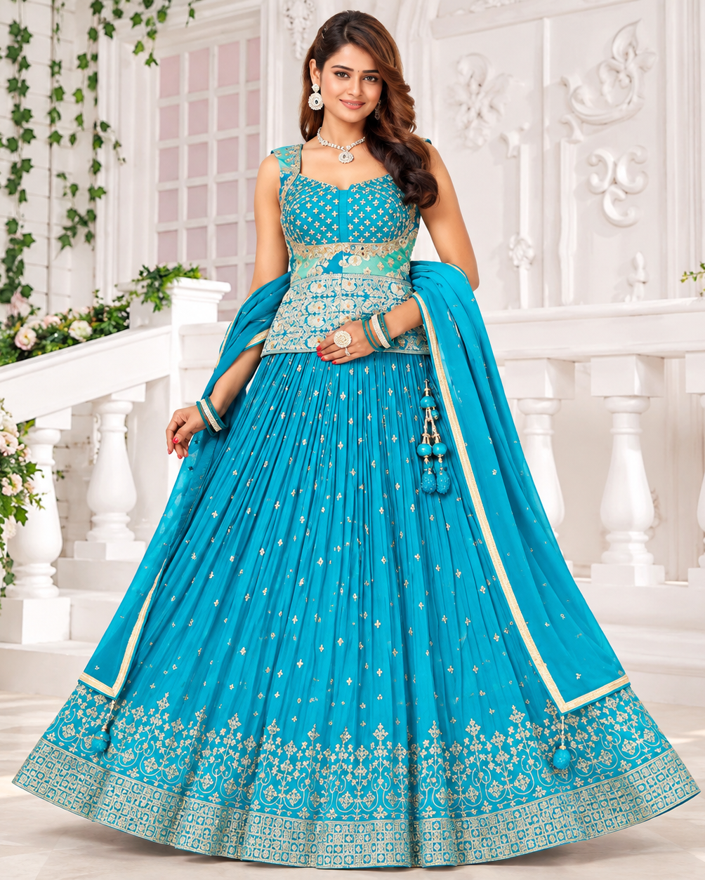 Elegant Rama Soft Lehenga Set with Golden Embroidery