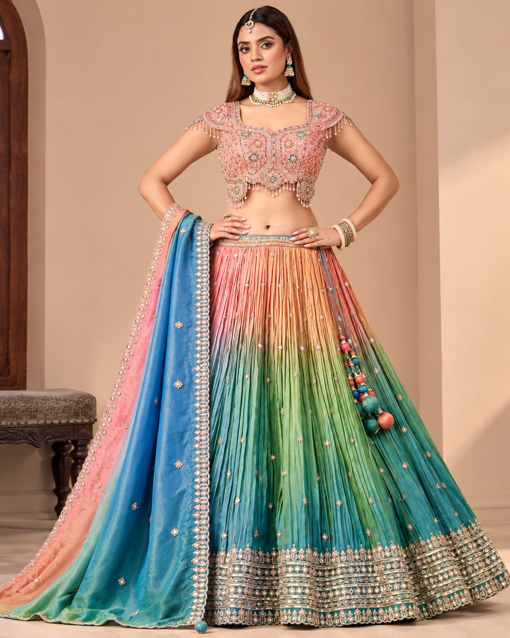 Elegant Multicolour Soft Lehenga Set with Embroidered Blouse