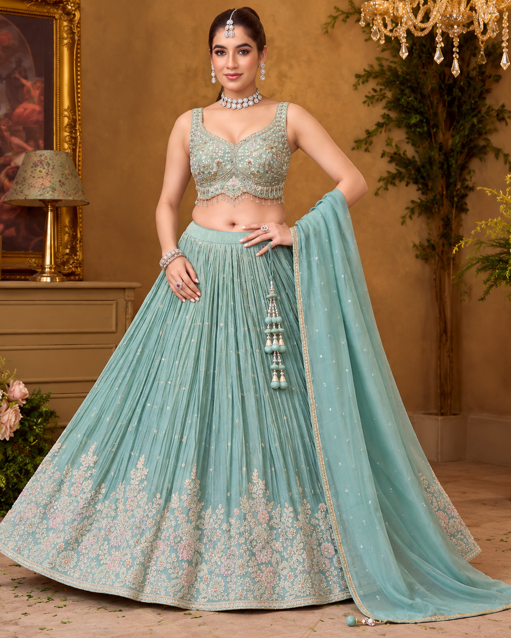 Sky Blue Designer Lehenga with Floral Embroidery