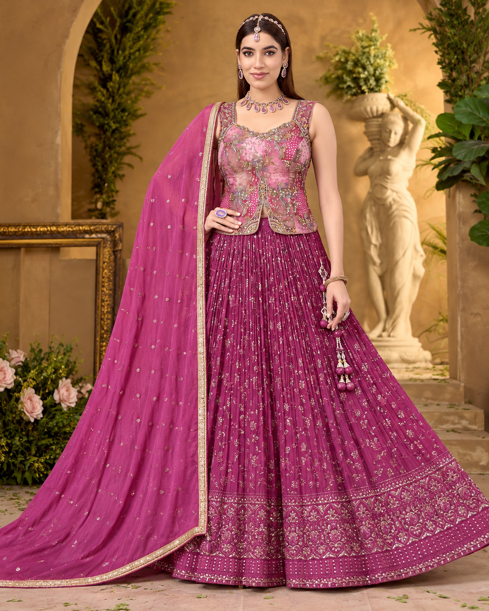 Elegant Onion Pink Lehenga Set with Golden Embroidery
