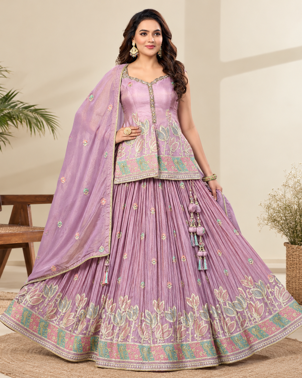Onion Pink Lehenga Set with Lotus Embroidery Main image