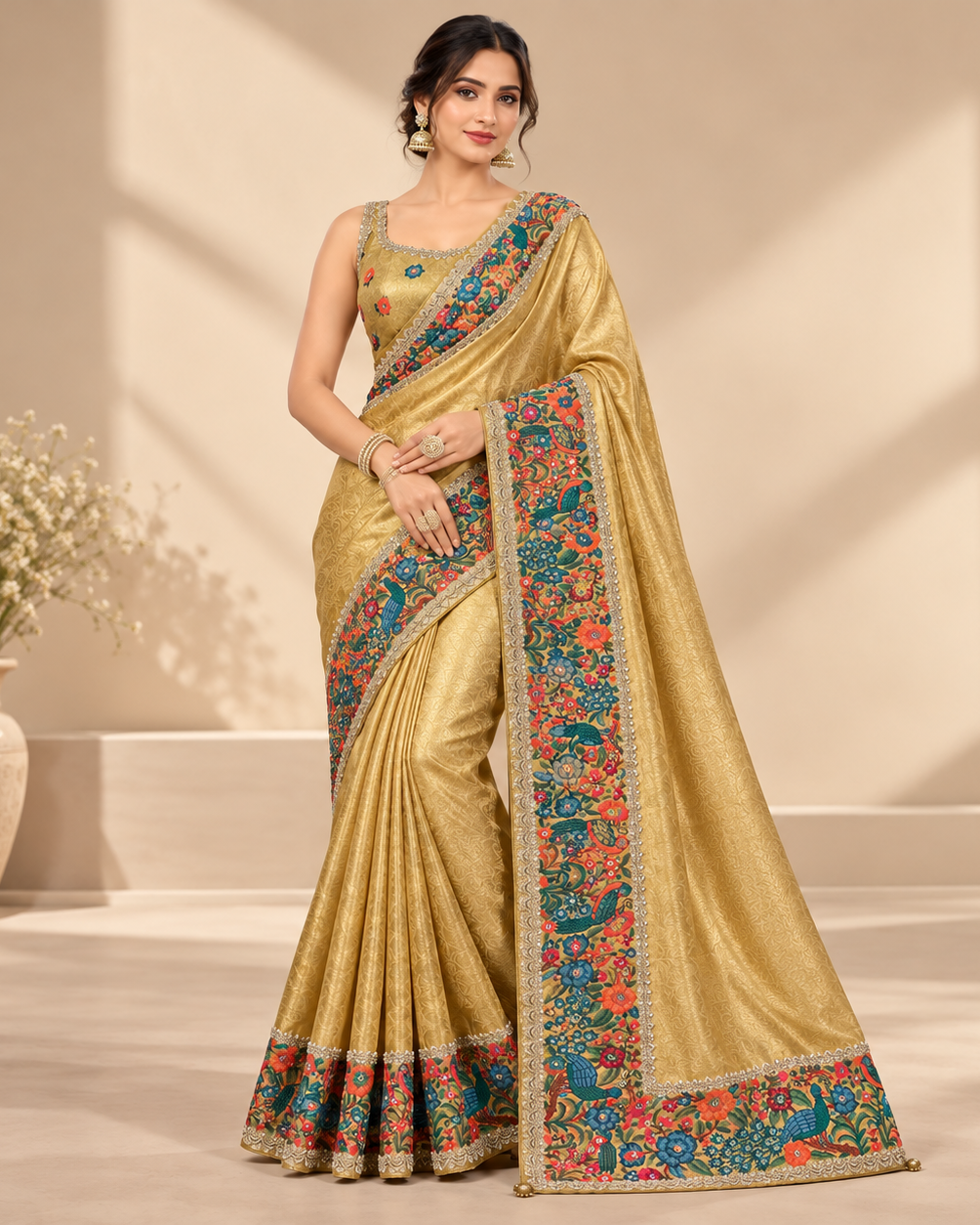 Elegant Yellow Silk Saree with Multicolour Floral Border