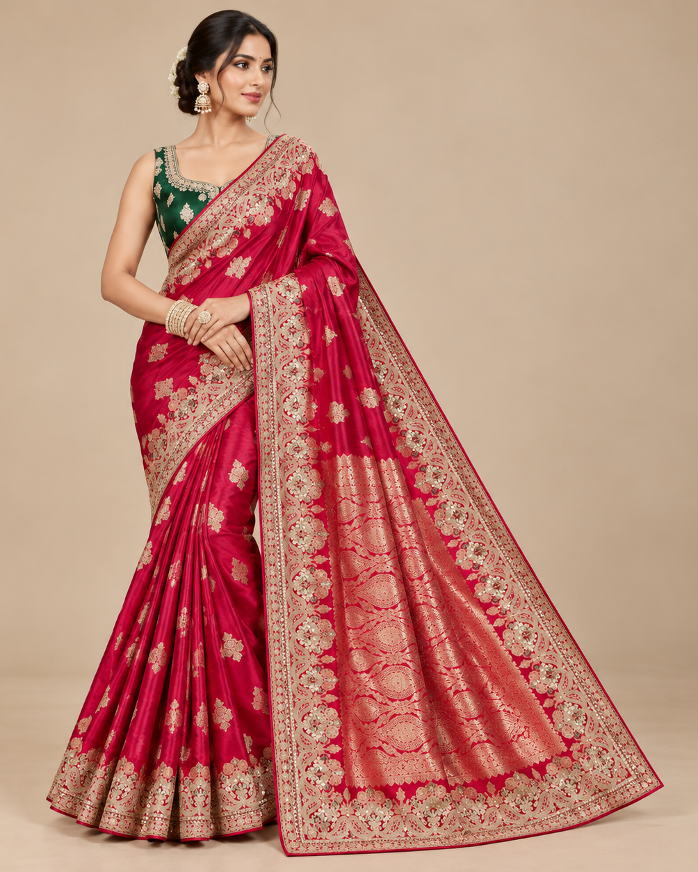 Elegant Red Soft Saree with Rich Golden Floral Border