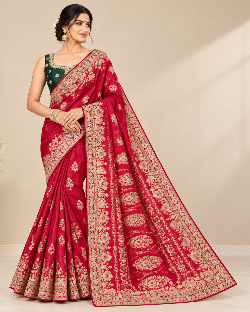 Elegant Red Soft Saree with Golden Floral Border and Rich Pallu Main image