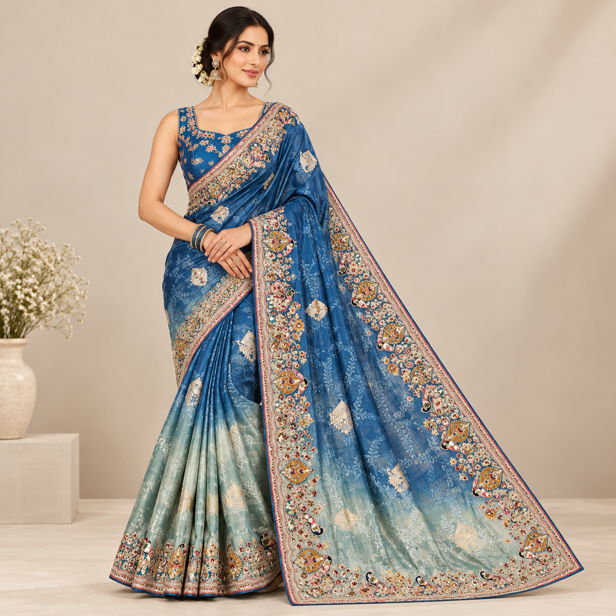Elegant Blue Silk Saree with Multicolour Floral Border