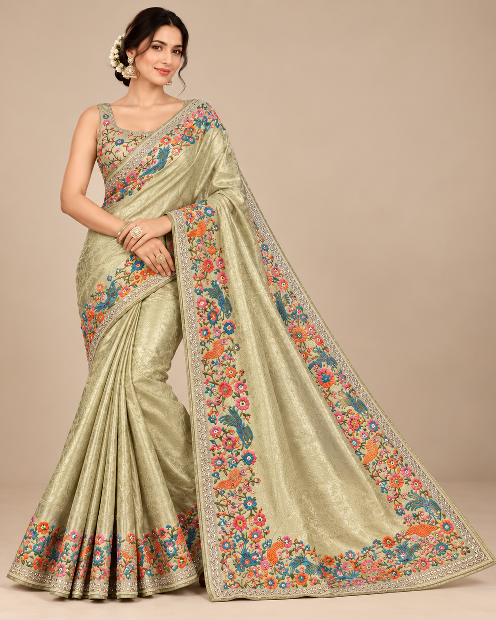 Elegant Gold Green Soft Saree with Multicolour Floral Border Main image