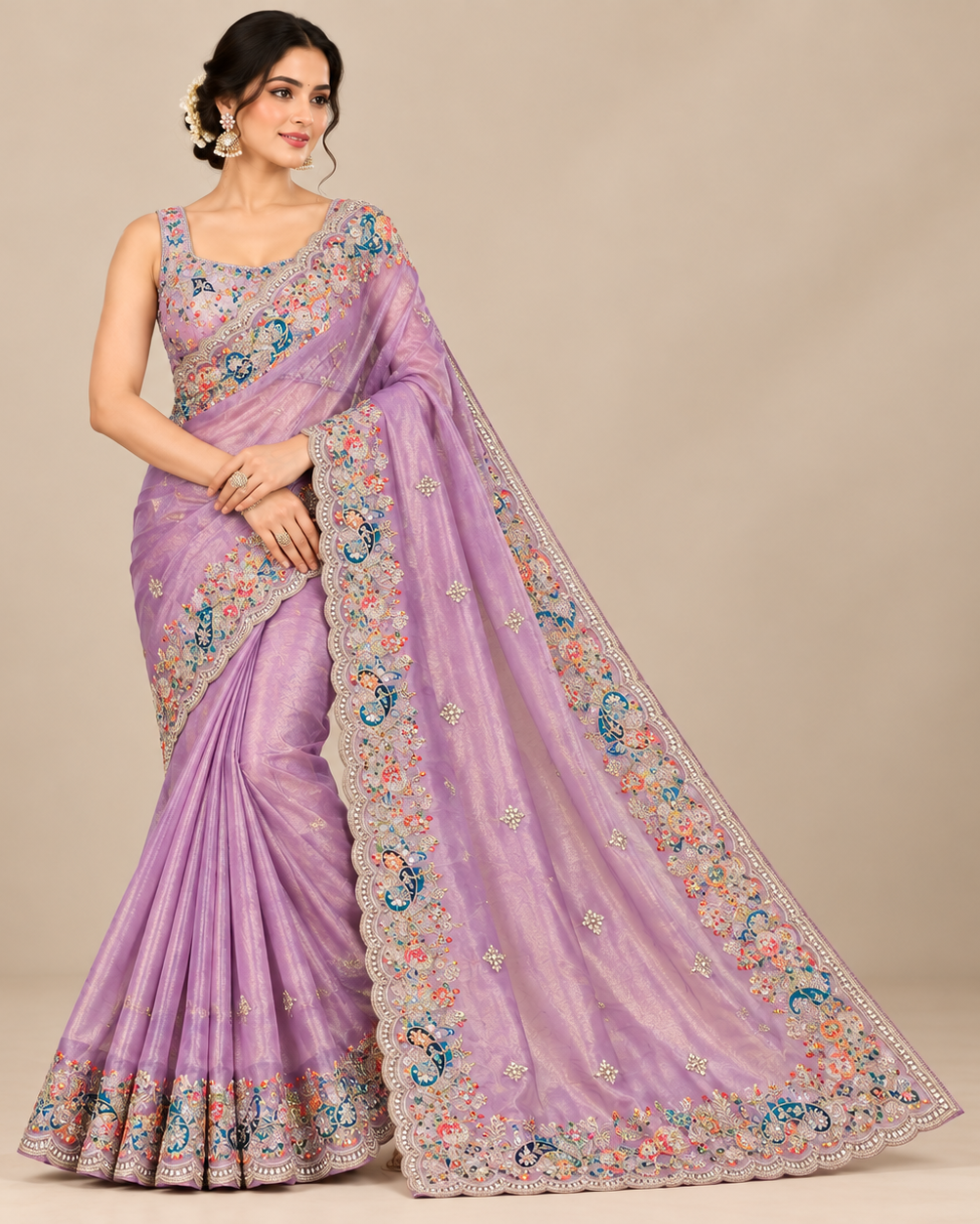 Elegant Lavender Organza Saree with Multicolour Floral Embroidery