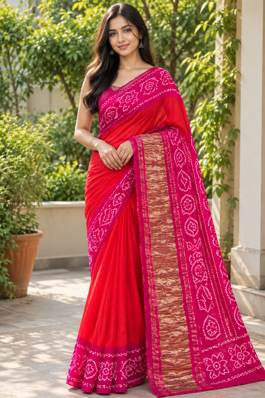 Coral Orange & Pink Printed Saree Main image