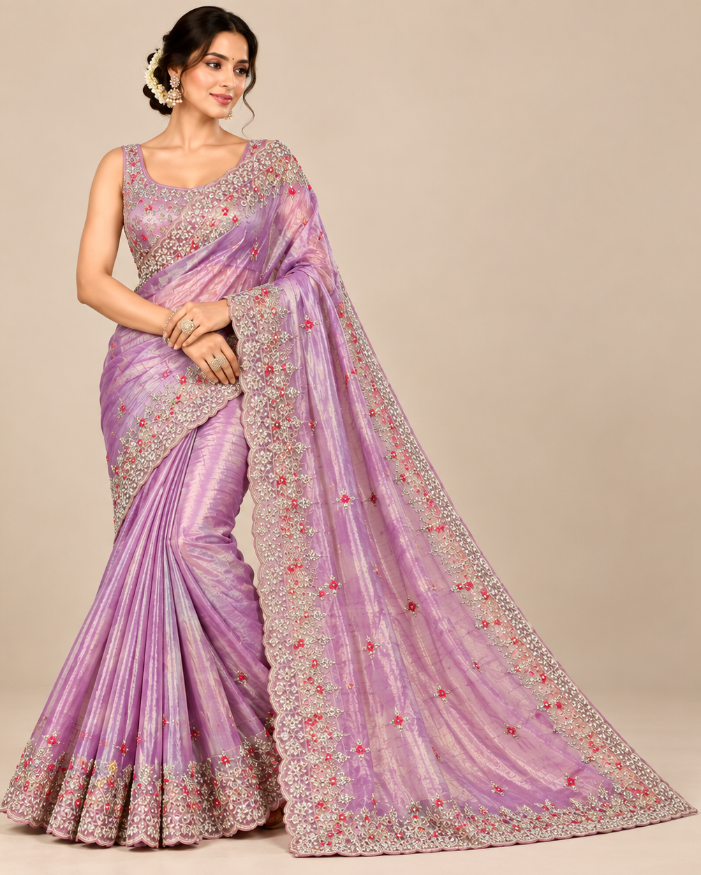 Lavender Organza Saree with Shimmering Silver Embroidery Main image