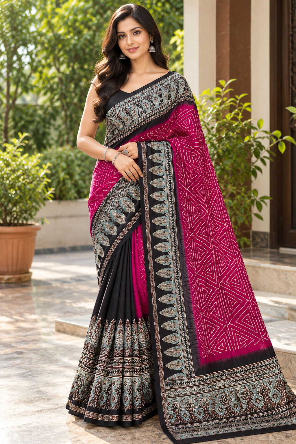 Wine Pink & Black Printed Saree Main image