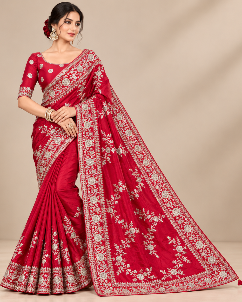 Rani Pink Soft Saree with Intricate Silver Floral Embroidery Main image
