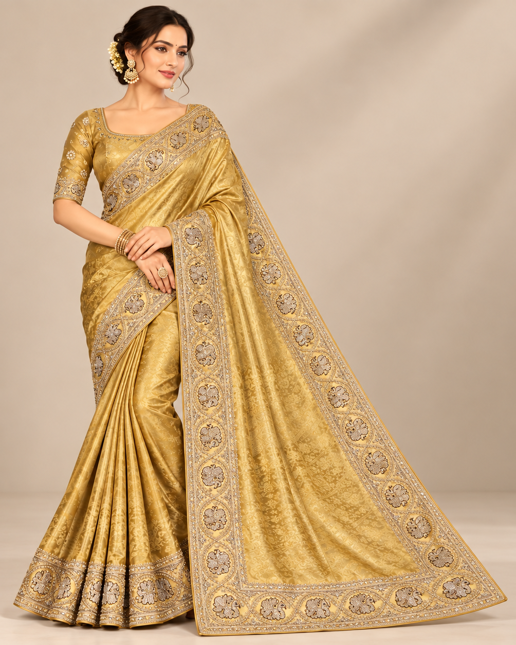 Mustard Yellow Soft Saree with Elegant Silver Embroidered Border Main image