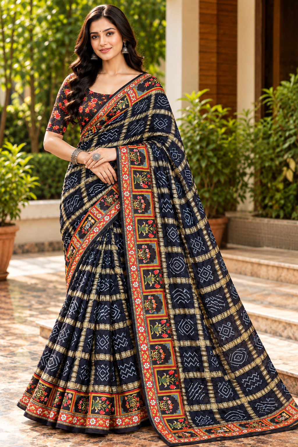 Navy Blue & Orange Traditional Printed Saree Main image