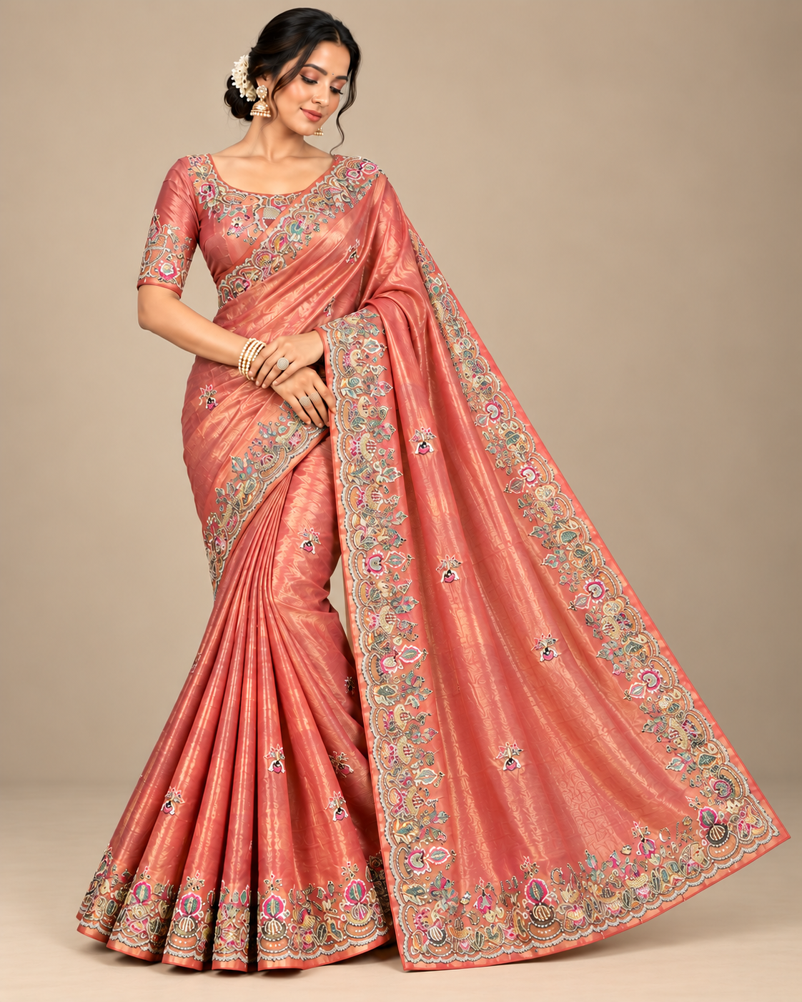 Peach Tissue Saree with Multicolour Floral Embroidery