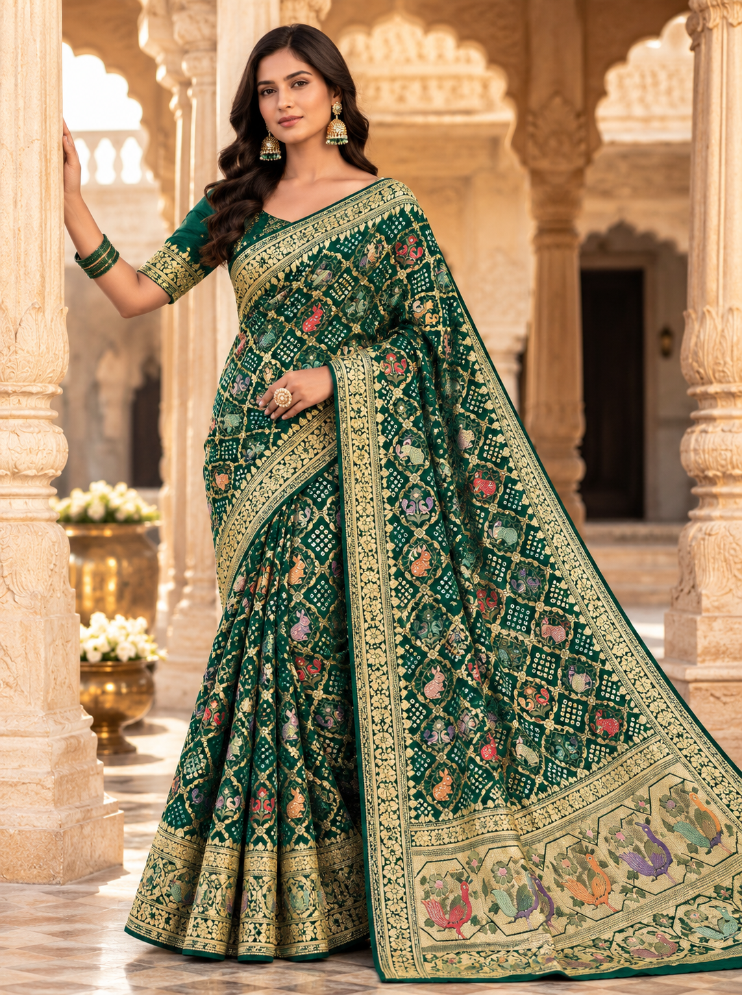 Emerald Green Saree with Intricate Multicolour Traditional Printed Pallu Main image