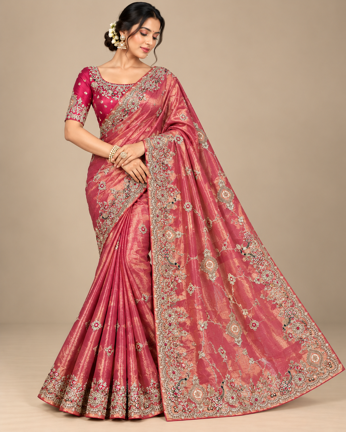 Rose Pink Tissue Saree with Intricate Floral Embroidery