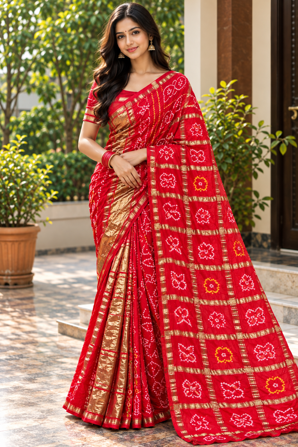Coral Red Bandhani Print Saree with Traditional Border