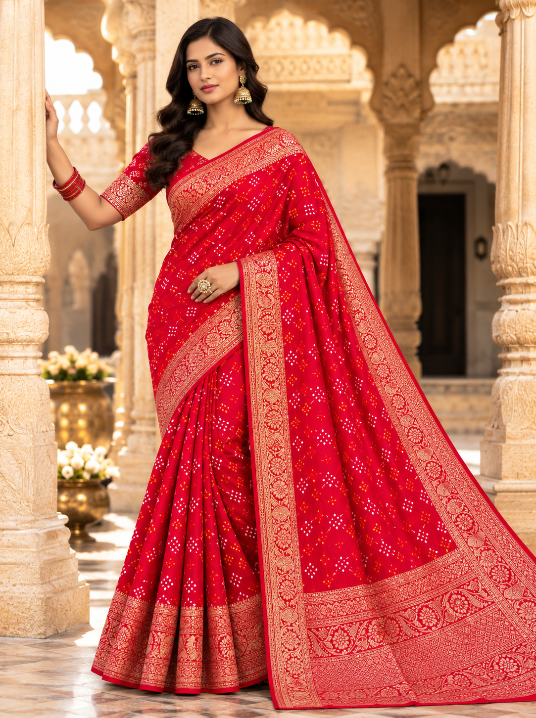 Coral Red Saree with Intricate Traditional Printed Border and Pallu