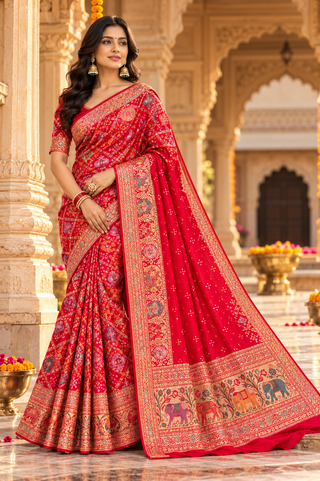 Coral Red Saree with Multicolour Traditional Motifs and Artistic Pallu Main image