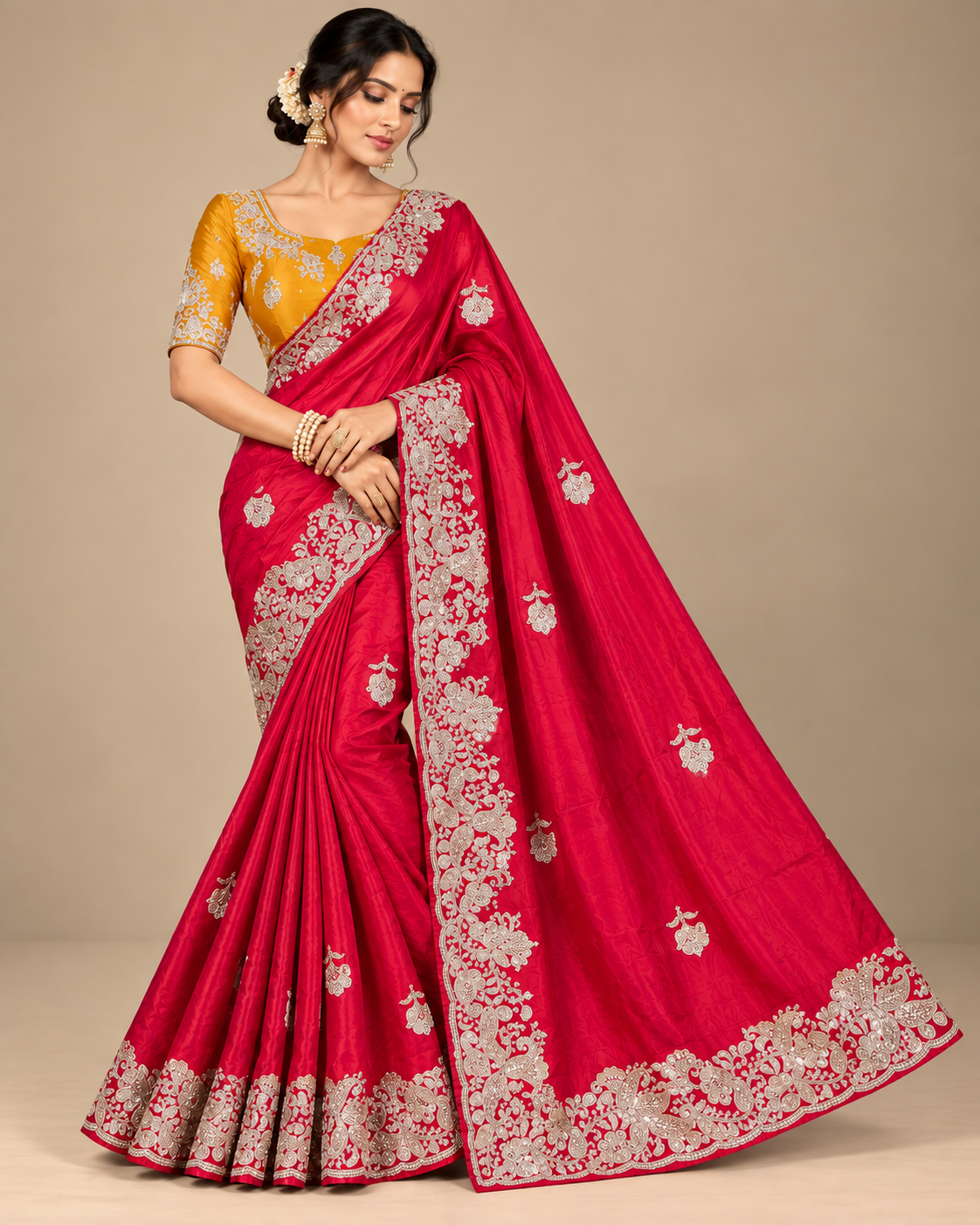 Red Soft Saree with Silver Floral Embroidery and Mustard Yellow Blouse Main image