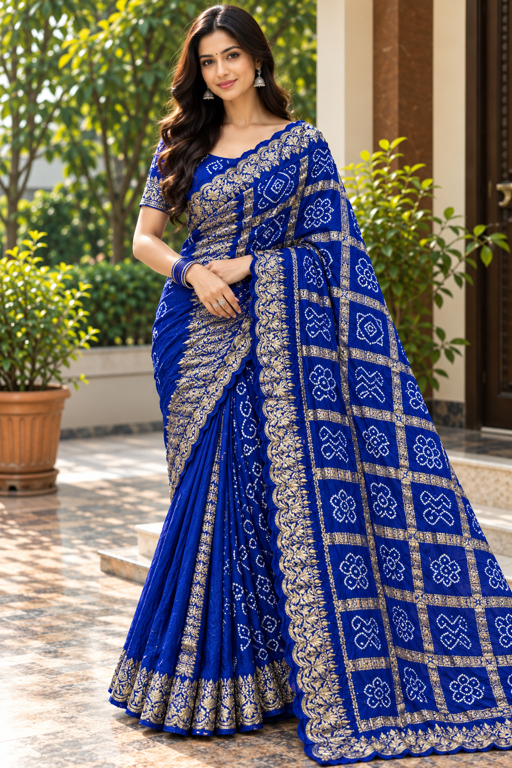 Royal Blue Bandhani Print Saree with Embroidered Border