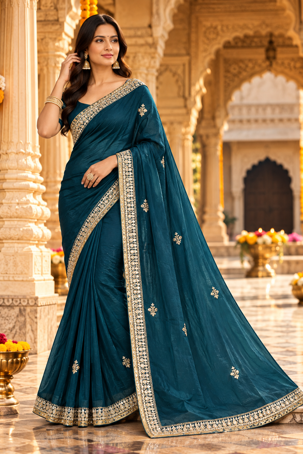 Deep Teal Blue Saree with Elegant Silver-Golden Traditional Border and Pallu Main image