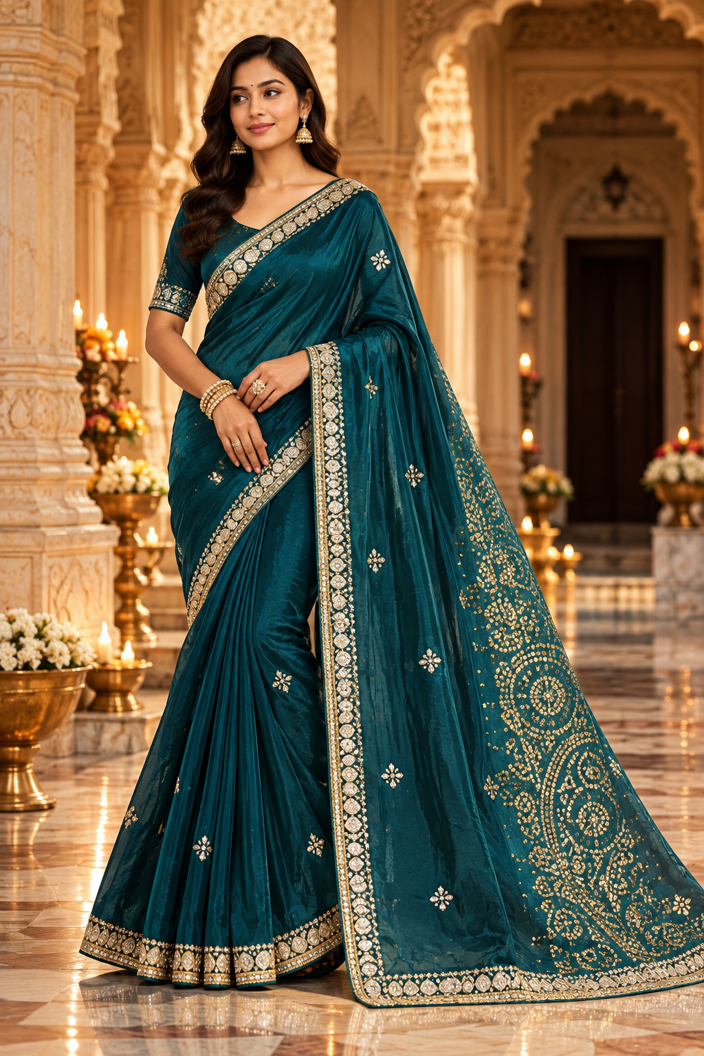 Teal Blue Saree with Elegant Silver-Golden Traditional Border and Embroidered Pallu Main image