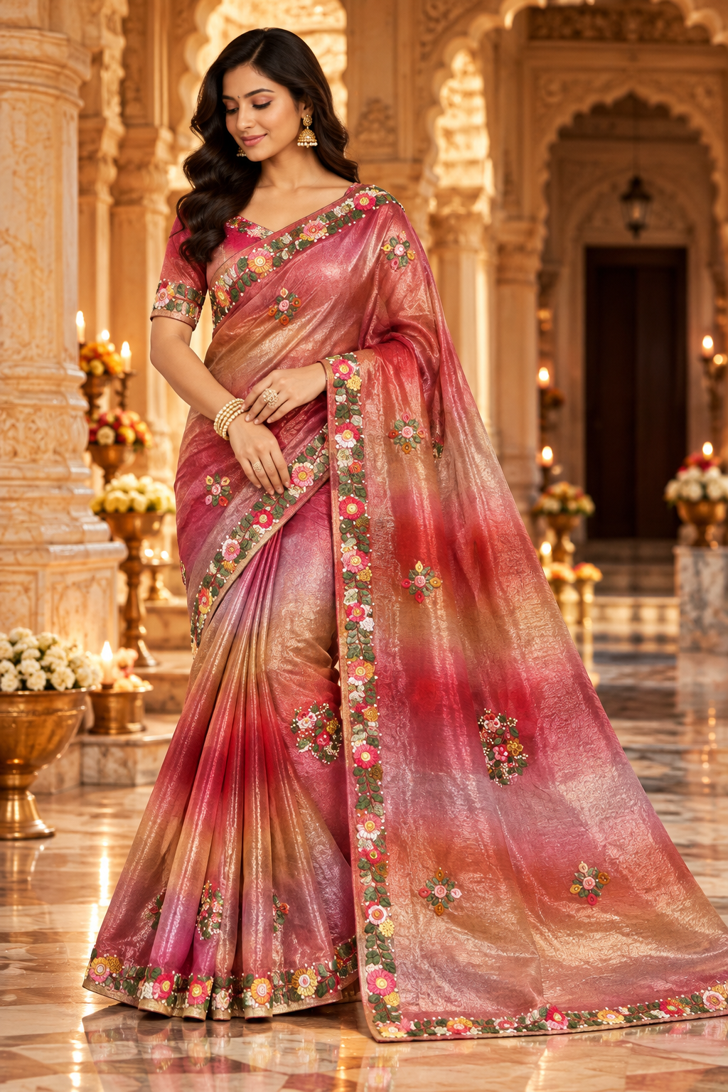 Rose Pink Saree with Elegant Floral Border and Embroidered Pallu Main image