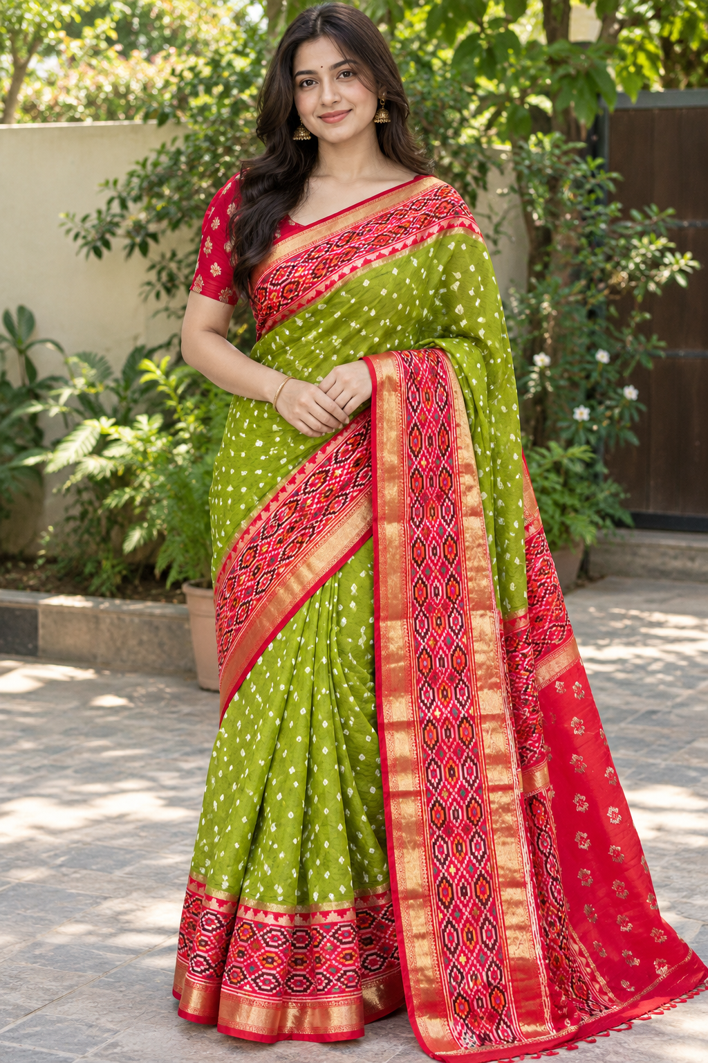 Green and Coral Red Printed Saree