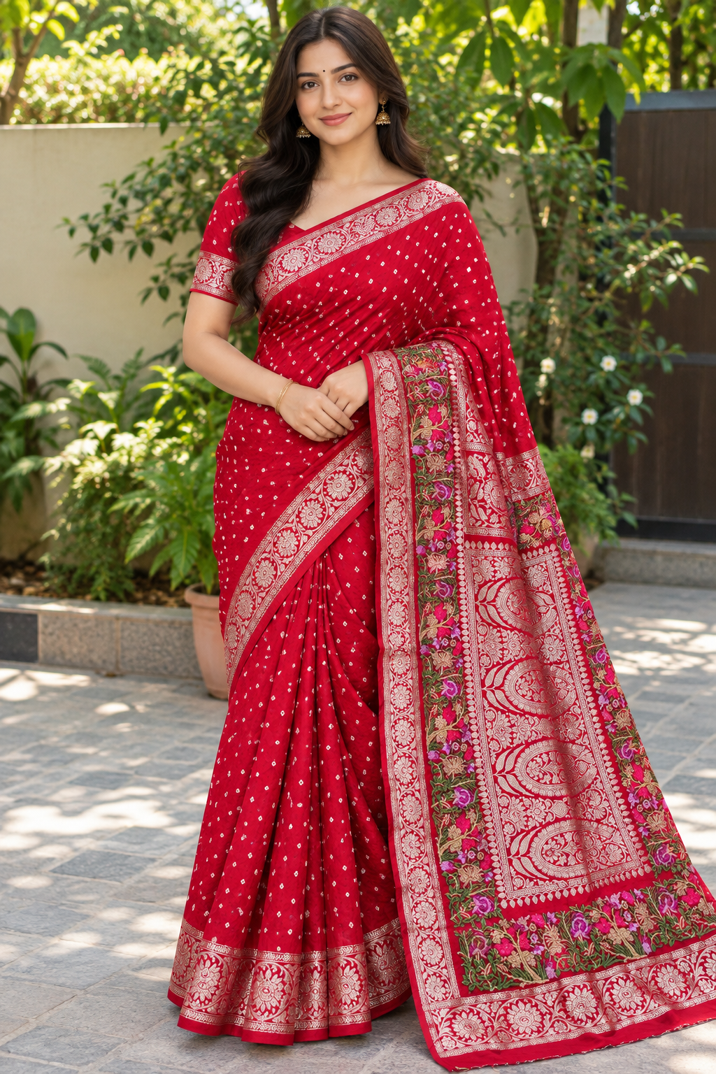 Red Floral Printed Saree