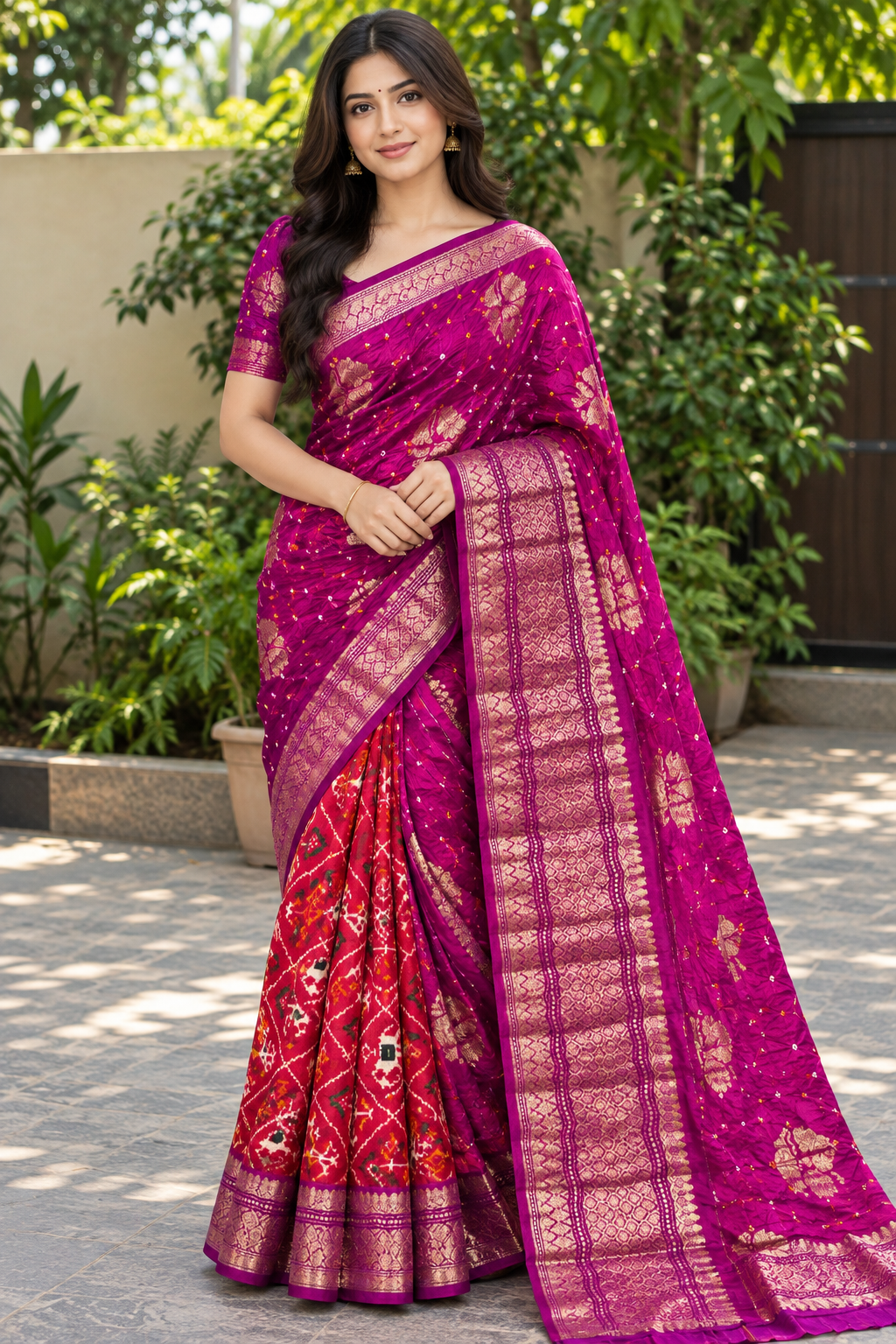 Magenta and Rust Printed Saree