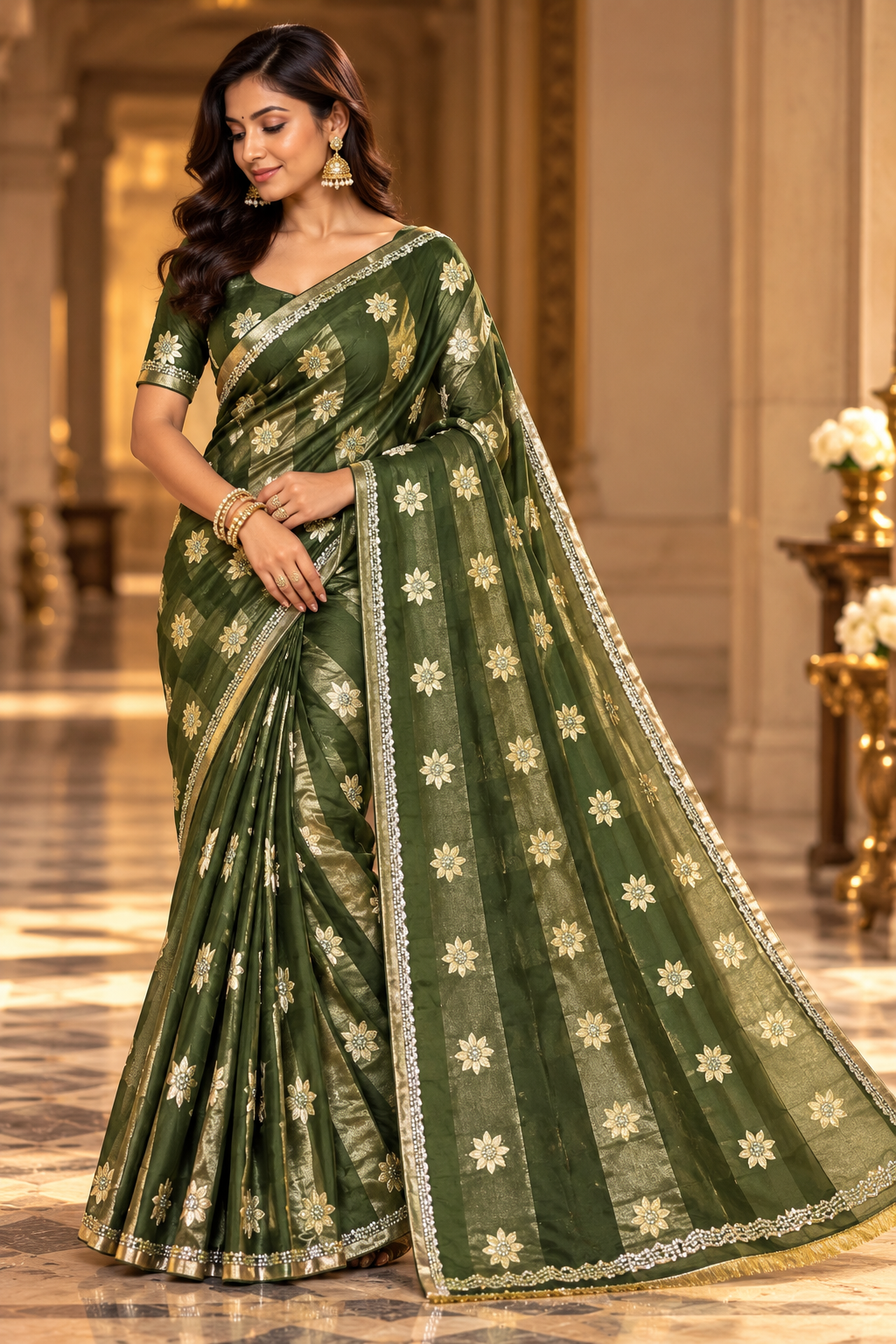 Olive Green Saree with Elegant Silver Floral Motifs and Traditional Border Main image
