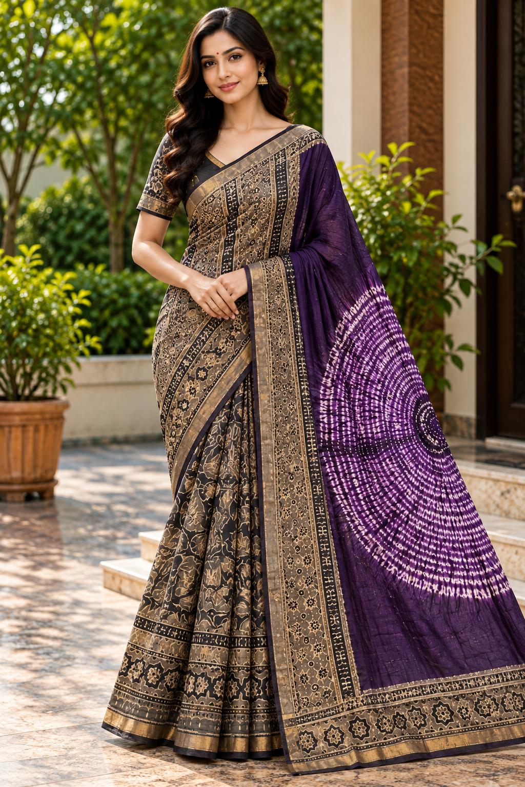 Purple and Beige Traditional Printed Saree Main image