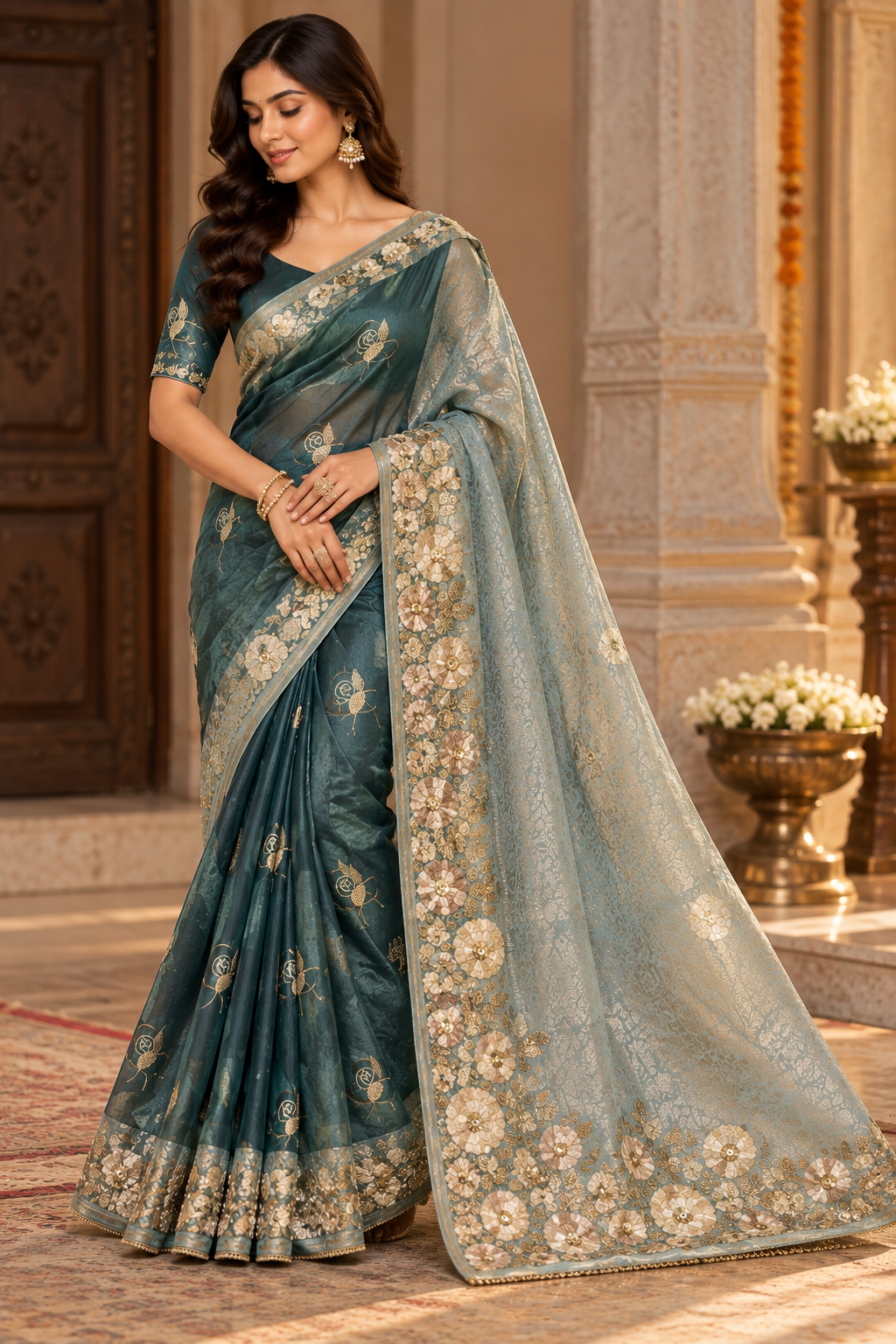 Teal Blue Saree with Floral Embroidered Border & Pallu