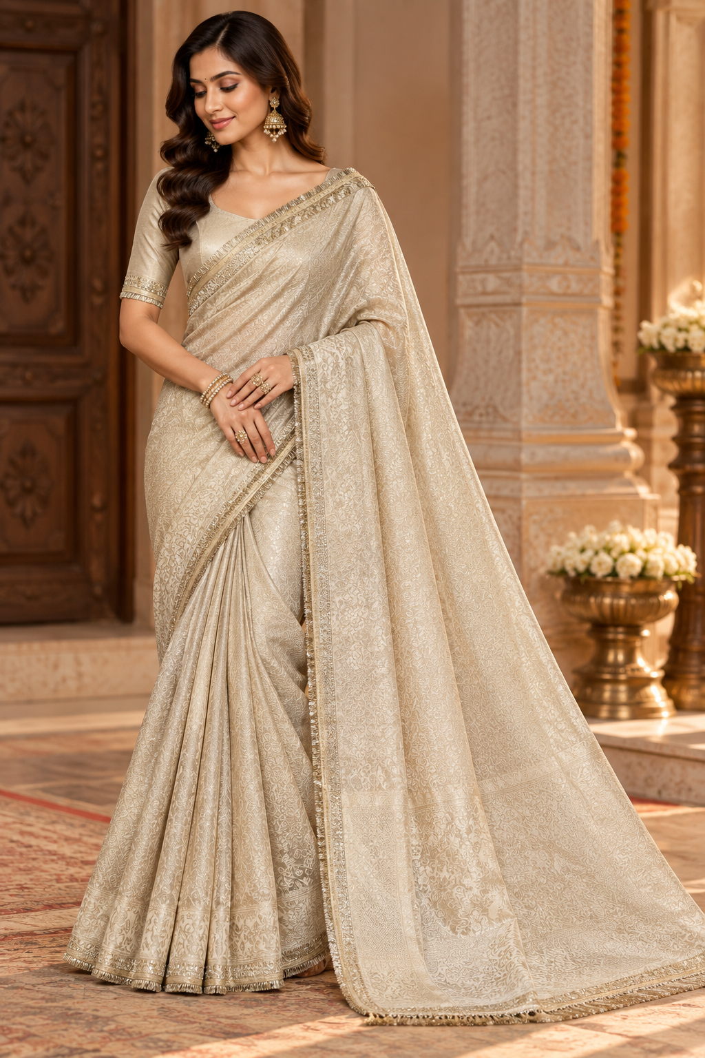 Off White Saree with Silver Embroidered Border Main image
