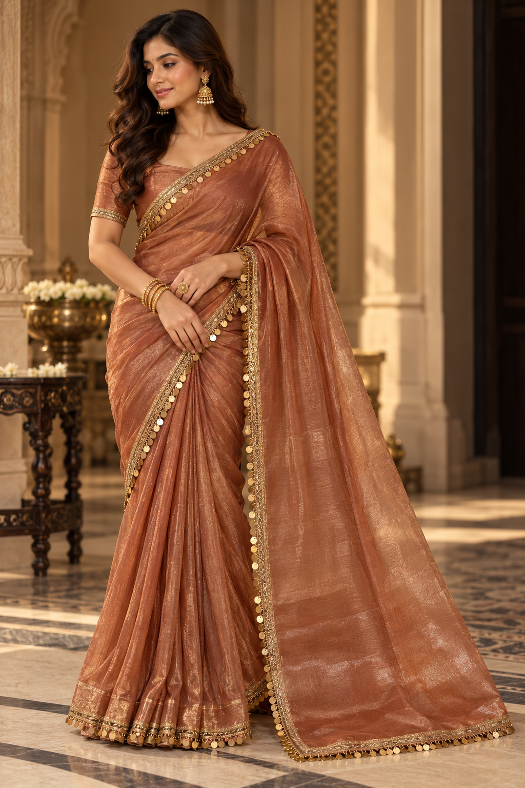Peach Rose Saree with Mirror Embellished Border Main image