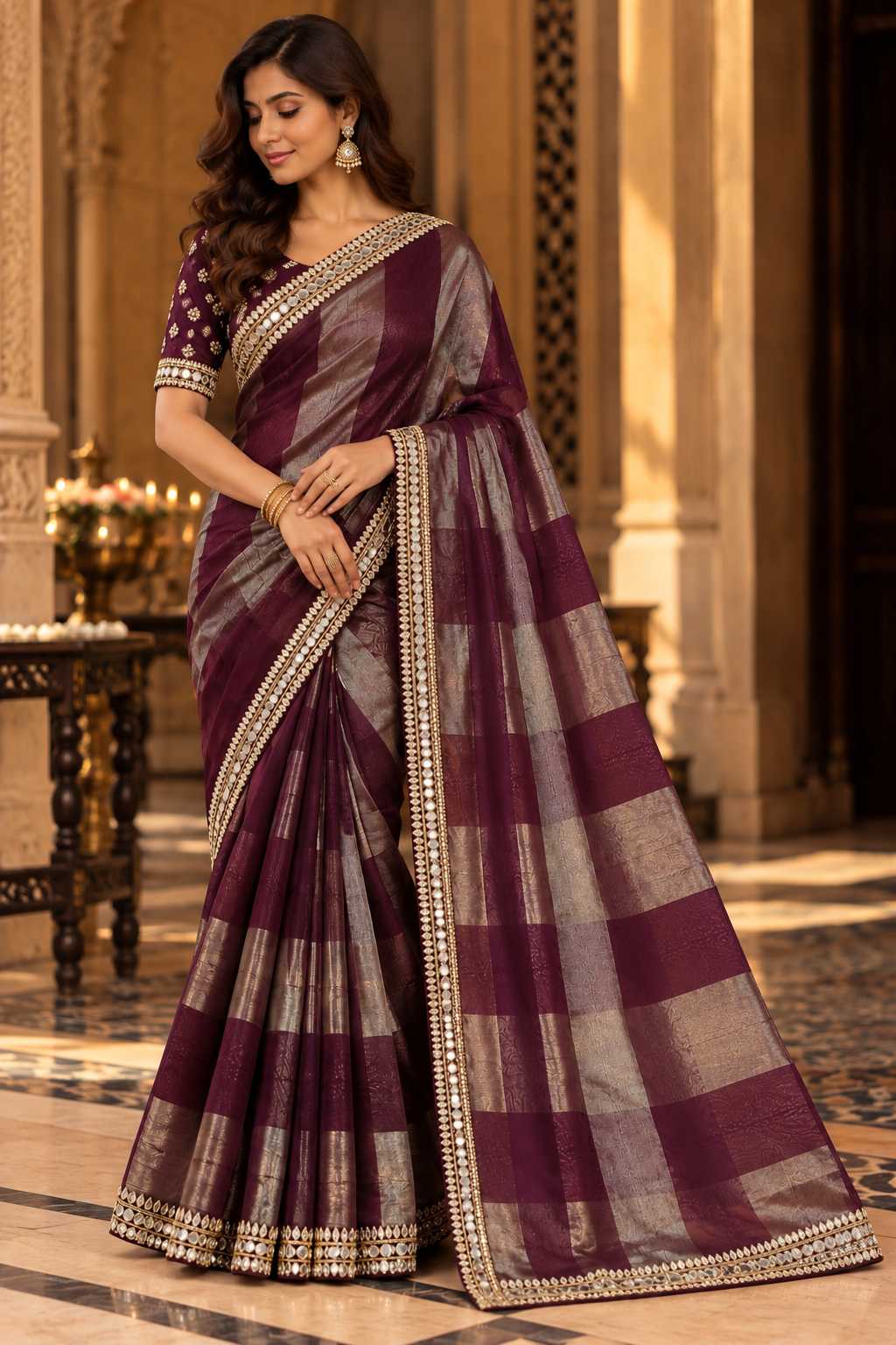 Maroon Saree with Silver Striped Pattern and Embroidered Border