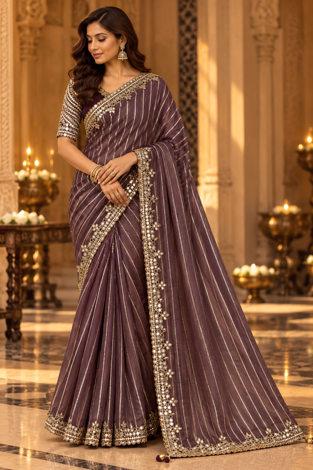 Deep Plum Saree with Silver Stripes and Embellished Border