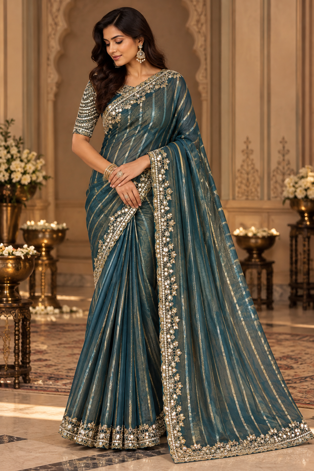 Teal Blue Saree with Silver Stripes and Floral Embellished Border