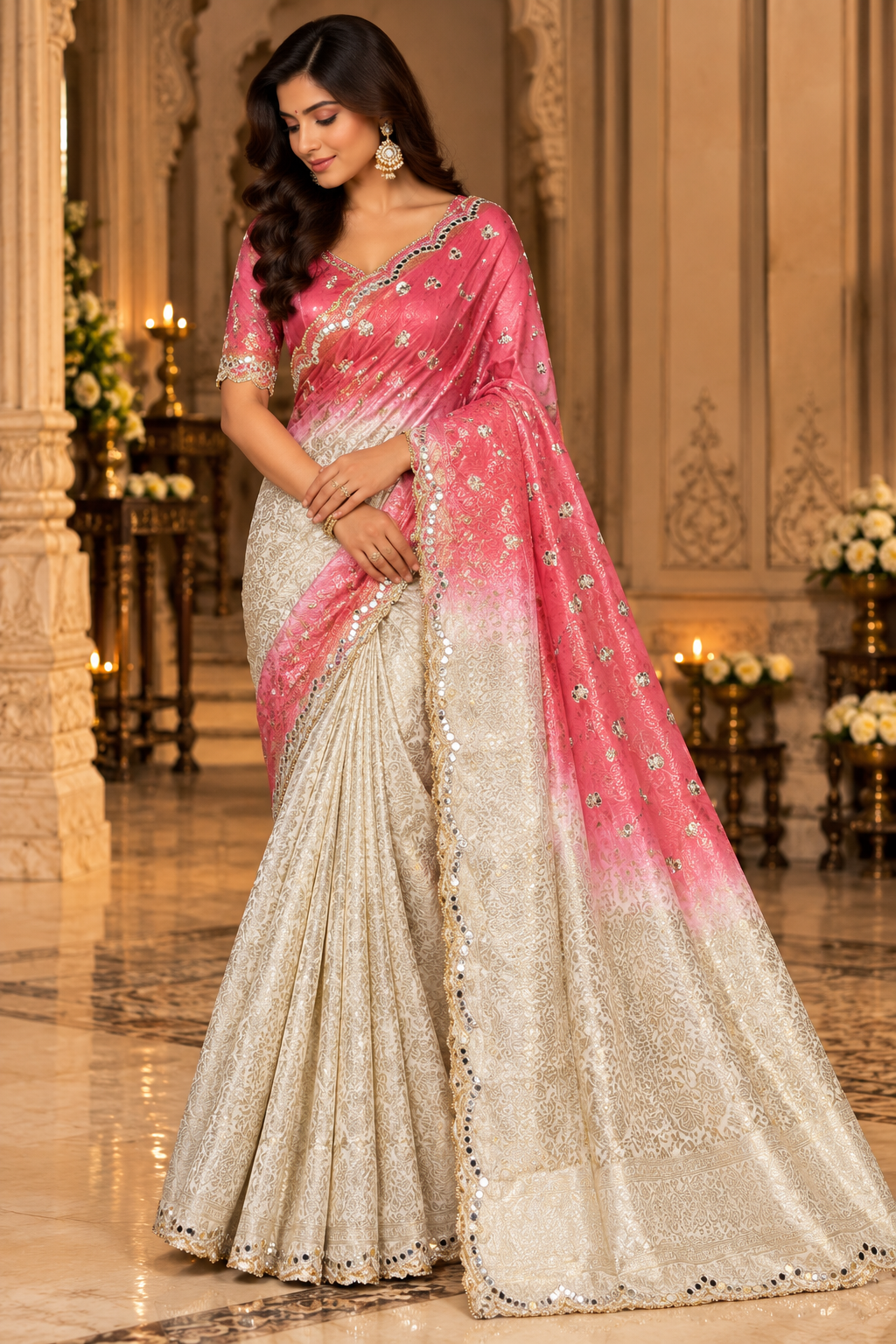 Soft White and Blush Pink Floral Saree Main image