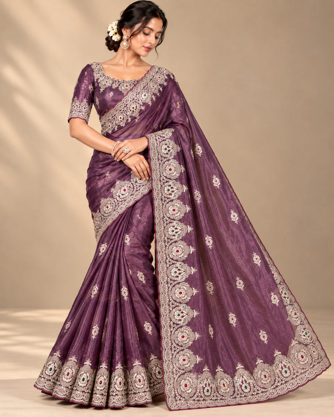 Purple Soft Saree with Silver Floral Embroidery and Ornamental Border