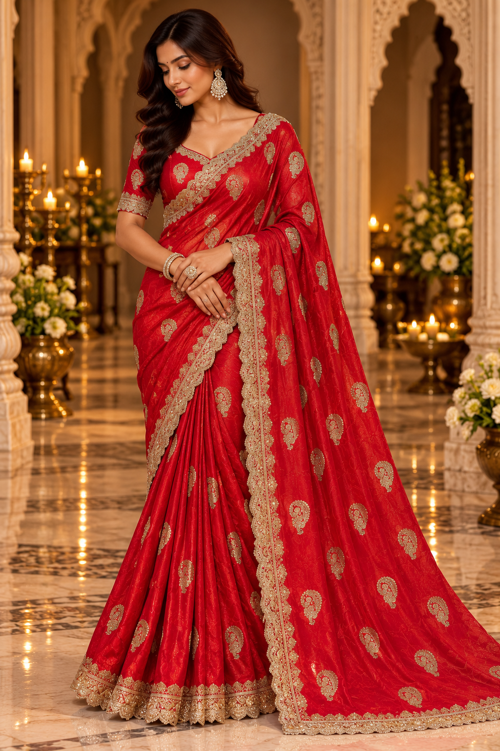 Coral Orange and Silver Motif Saree Main image