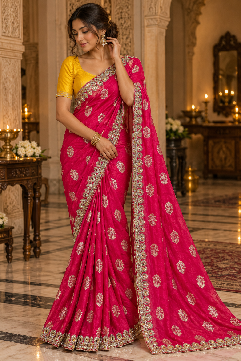 Coral Pink and Silver Floral Saree with Yellow Blouse