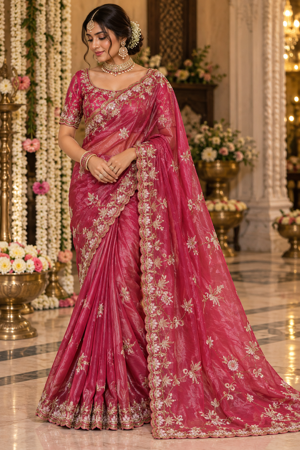 Coral Pink Floral Embroidered Saree