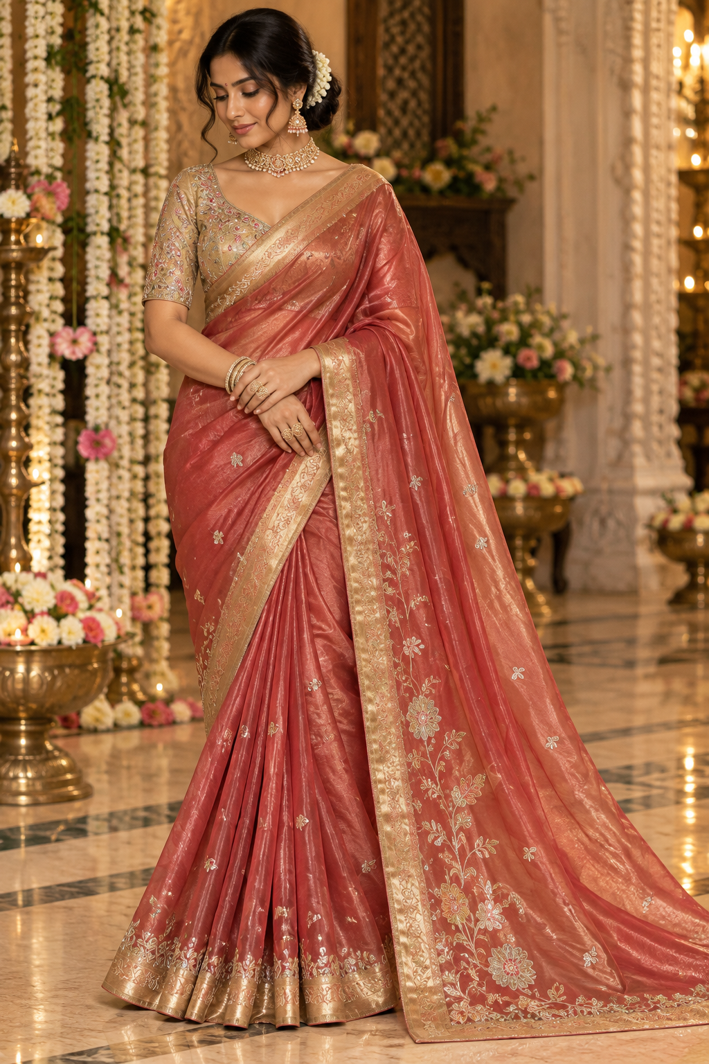 Peach Coral and Gold Floral Saree