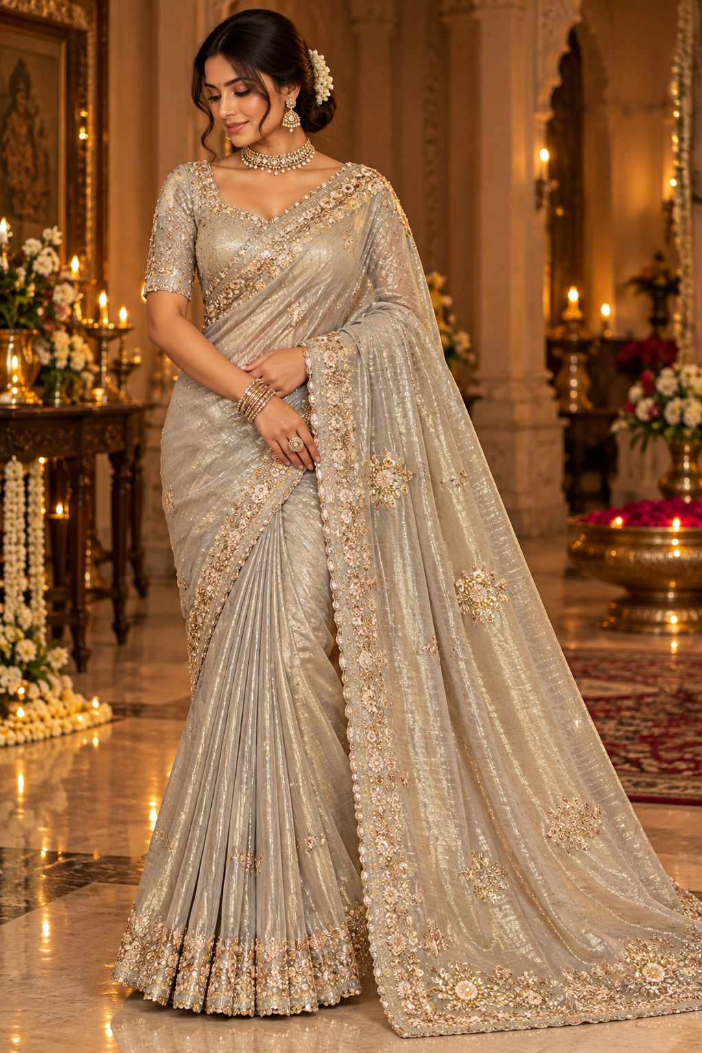 Ivory White and Silver Floral Saree Main image